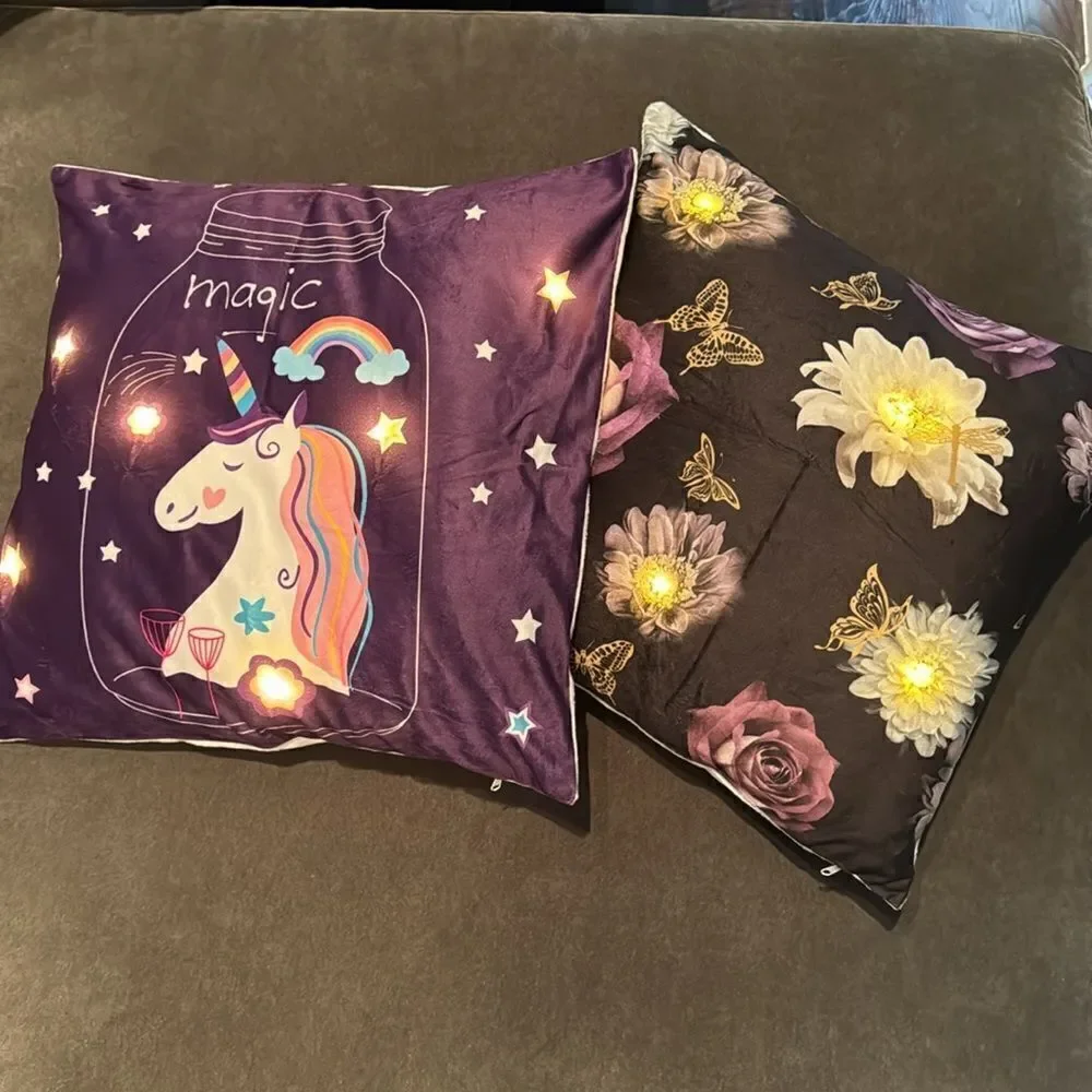 Light Up LED Decorative Unicorn Pillow Case & Flowers Pillow Case 18”x18” NEW